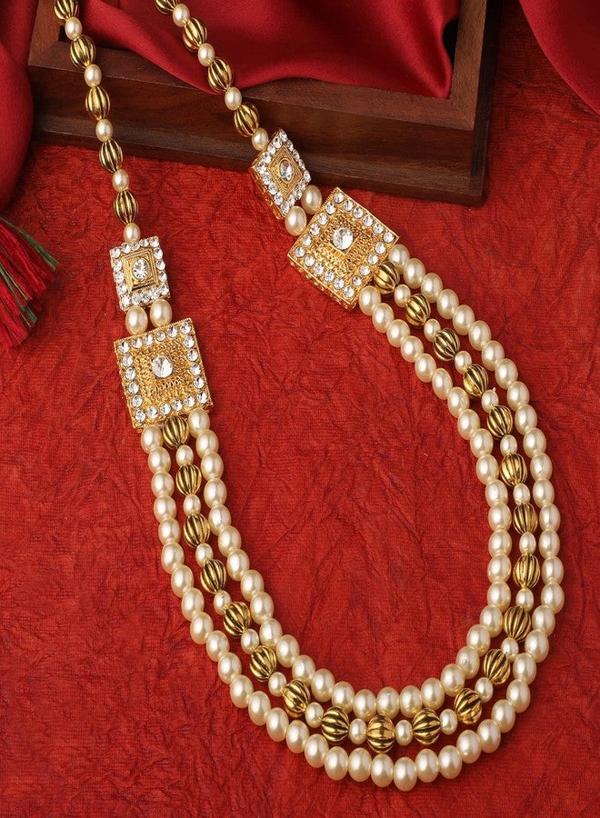 Mahi 3 Layers White and Golden Glass Beads Base Dulha Moti Mala Haar Necklace for Men's (ML1108099GWhi) - Image 2