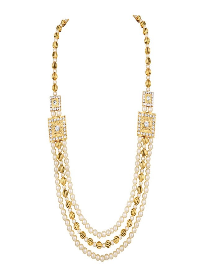 Mahi 3 Layers White and Golden Glass Beads Base Dulha Moti Mala Haar Necklace for Men's (ML1108099GWhi) - Image 1