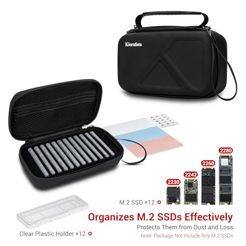 Kiorafoto EVA PU M.2 SSD Holder with 12 Clear M.2 NVMe Cases for 2280/2260/2242/2230 SSDs, Water-Resistant & Shockproof with Zipper Pocket & Carry Handle - Image 2
