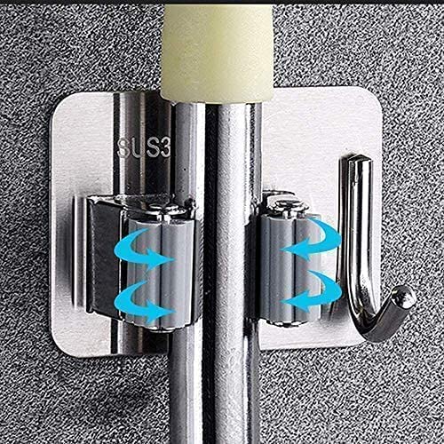 JIALTO 1 PCS Stainless Steel Broom Holder with Hook - Wall-Mounted Adhesive Waterproof Rustproof Heavy Duty Broom and Mop Stick Holder for Home - Image 3