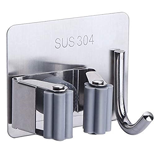 JIALTO 1 PCS Stainless Steel Broom Holder with Hook - Wall-Mounted Adhesive Waterproof Rustproof Heavy Duty Broom and Mop Stick Holder for Home - Image 1