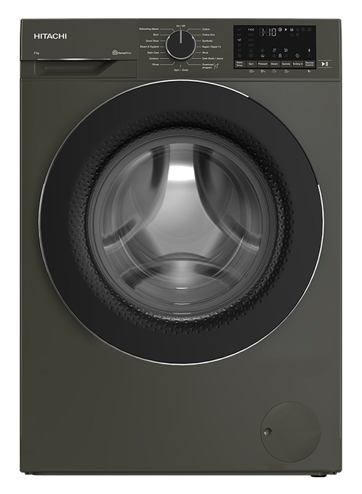 هيتاشي Front Loading 8kg Washing Machine, Steam & Hygiene, Inverter, 1400 RPM, Control from your phone, Made in Turkey - BD-80YFVEM Dark Grey 8 kg 2350 W BD-80YFVEM Dark Grey - Image 1