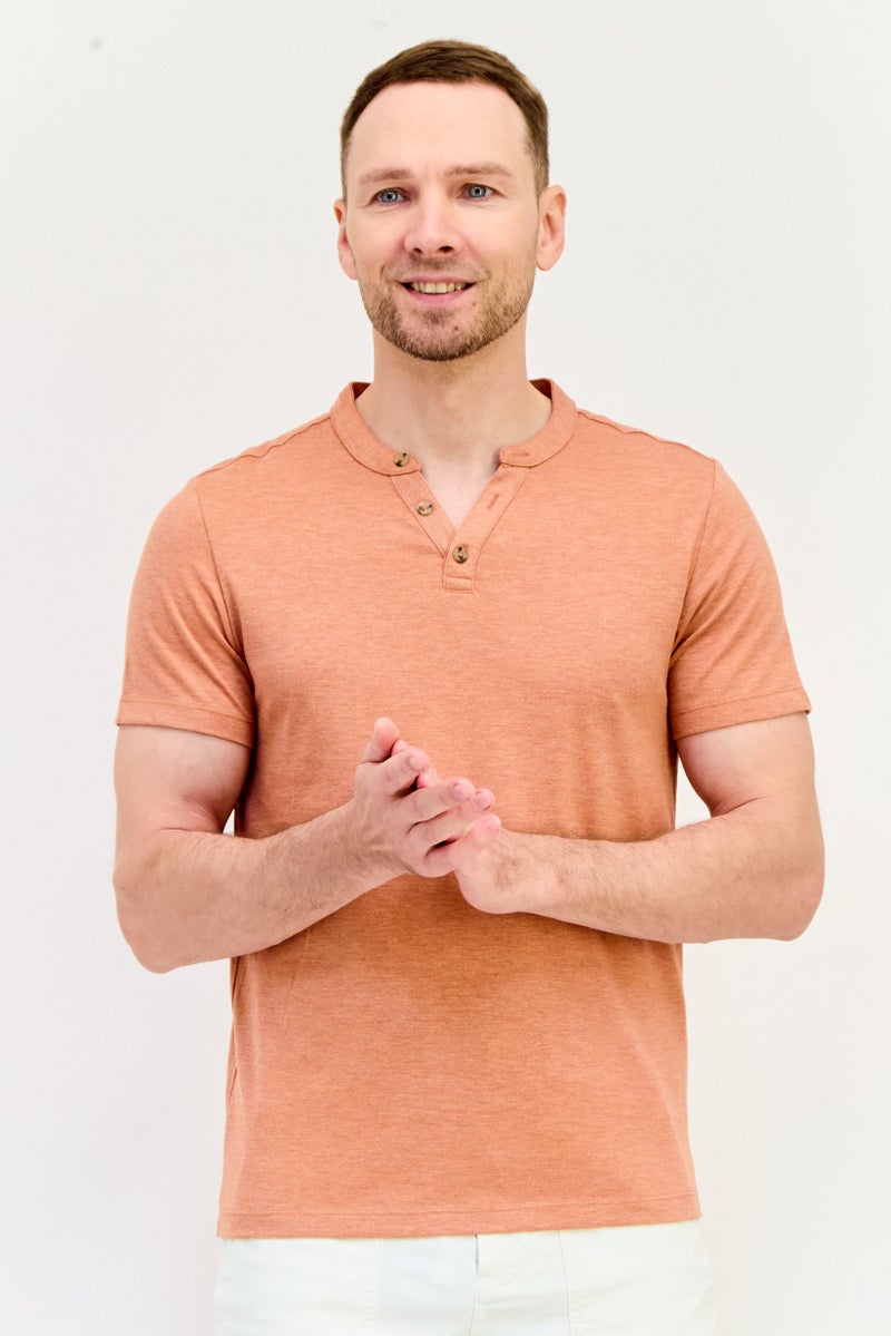 Celio Men Slip Neck Short Sleeve Solid T-shirt, Coral - Image 1