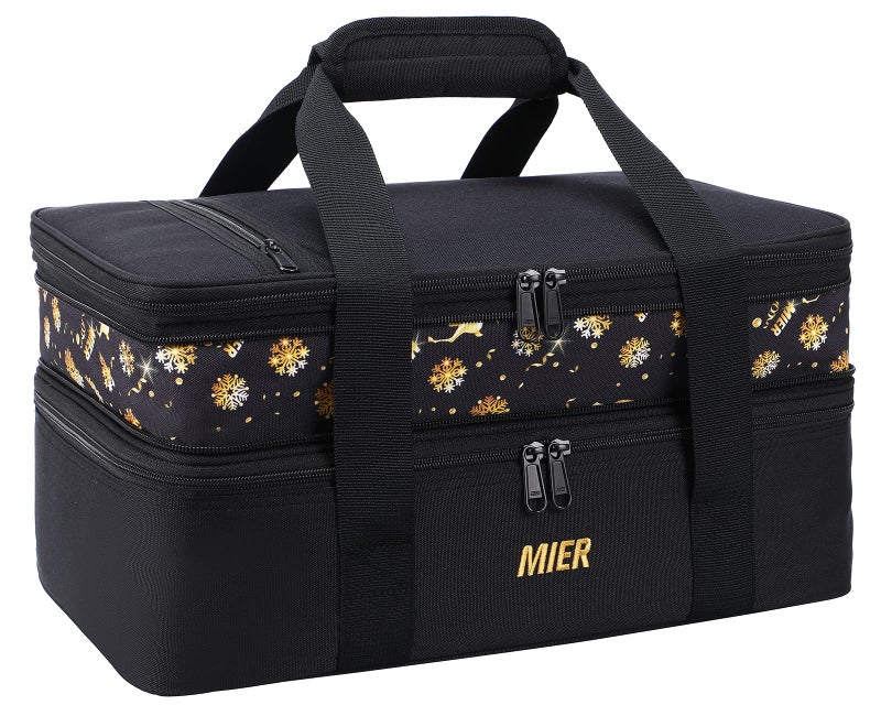 MIER Insulated Double Casserole Carrier Bag for Lasagna Lugger, Potluck Parties, Picnic, Beach, Fits 9 x 13 Inches Baking Dish, Casserole Dish, Expandable, Black - Image 1