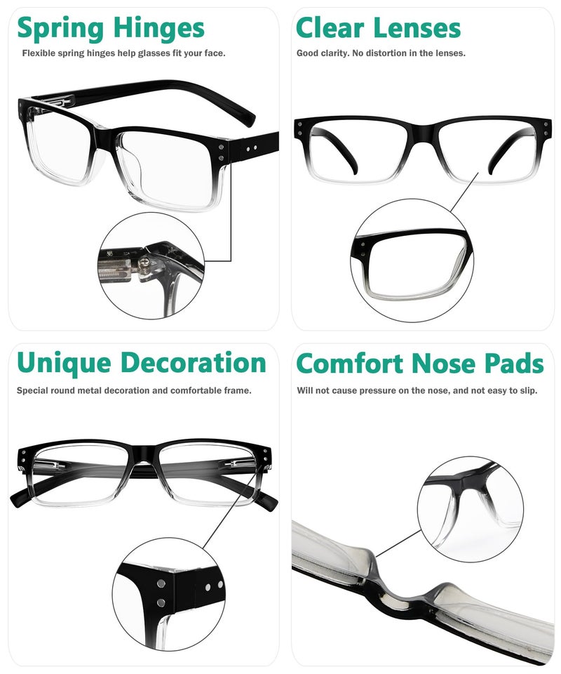 Eyekepper Vintage Reading Glasses for Men - 5 Pack Spring Hinges Classic Readers - Black-Clear Frame +2.00 - Image 4