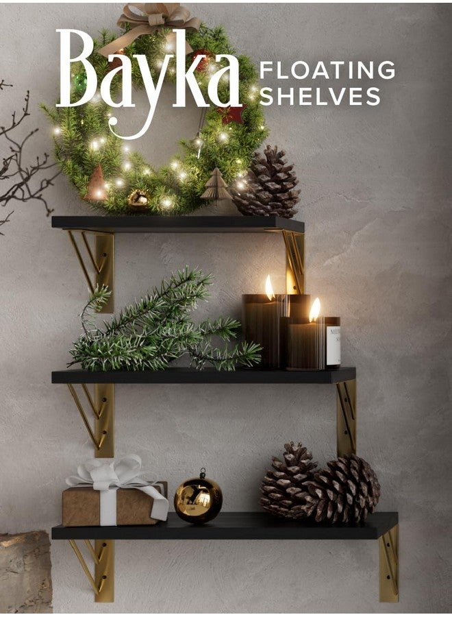 BAYKA Wall Shelves for Bedroom Decor, Floating Shelves for Wall Storage, Wall Mounted Rustic Wood Floating Shelf for Books,Small Wall Shelf for Bathroom,Kitchen,Living Room(Black and Gold，Set of 3 - Image 3