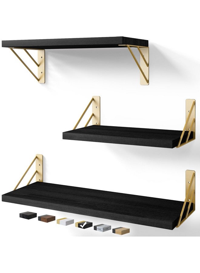 BAYKA Wall Shelves for Bedroom Decor, Floating Shelves for Wall Storage, Wall Mounted Rustic Wood Floating Shelf for Books,Small Wall Shelf for Bathroom,Kitchen,Living Room(Black and Gold，Set of 3 - Image 1