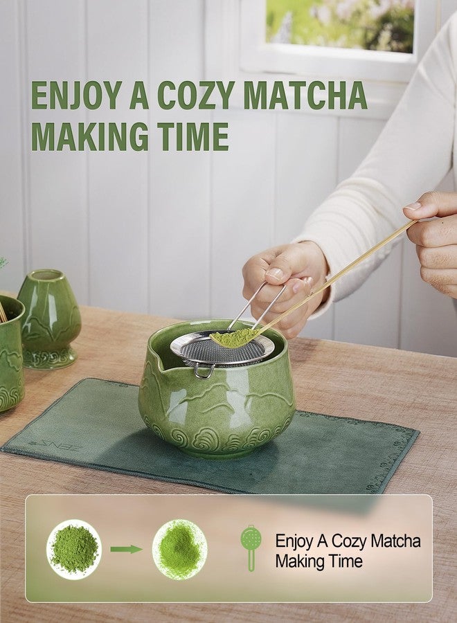 ZENS Matcha Whisk Set, 17oz Ceramic Matcha Set Includes Matcha Bowl, Bamboo Whisk & Chasen Holder, Sifter, Scoop & Tea Towel, 6pcs Matcha Kit for Matcha Latte, Emerald Green - Image 4