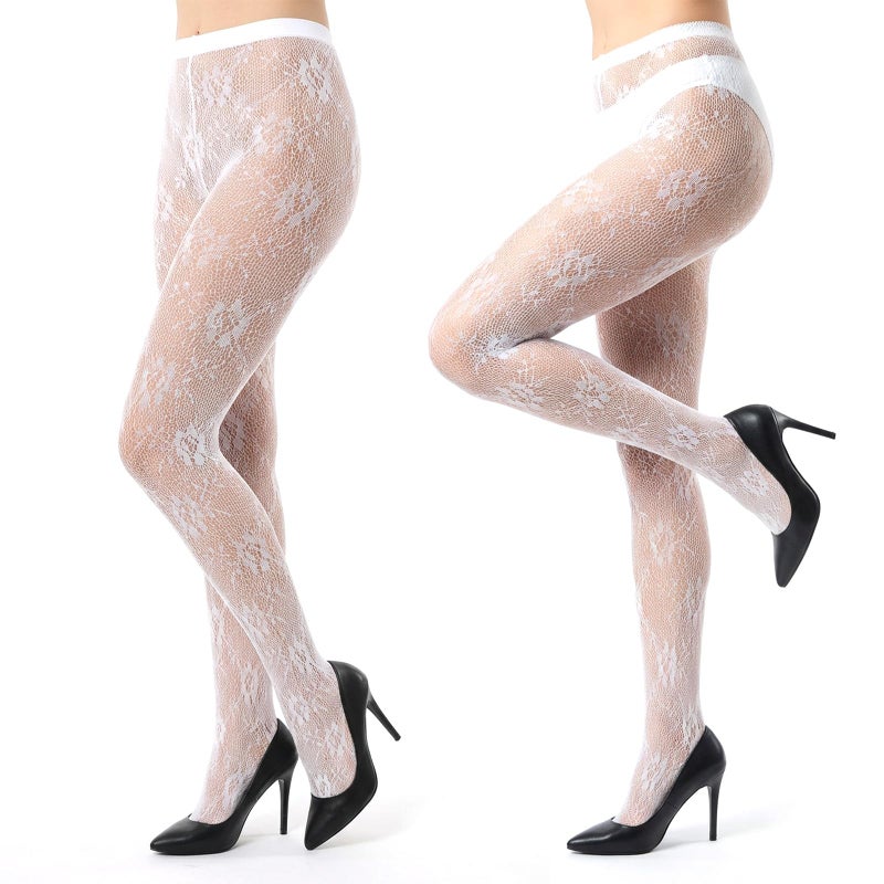 HaiFafafaing 2 Pcs White Lace Tights, High Waist Lace Tights for Women, Floral Fishnet Leggings, Stretchable Pantyhose - Image 1