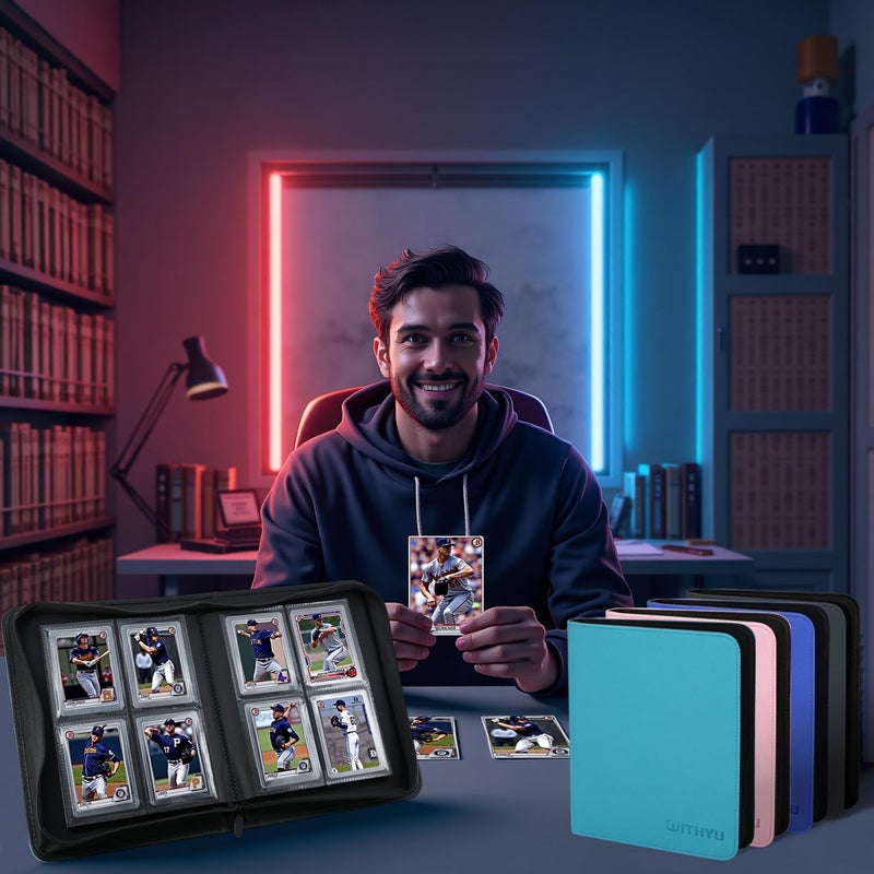 WITHYU حافظة ورق WITHYU تحمل 128 حافظة علوية، 4 جيوب بدون حلقات لحفظ البطاقات بقياس 3" x 4"، ألبوم بطاقات تجارية صغير لحافظة علوية للرياضة، TCG، MTG (وردي) - Image 3
