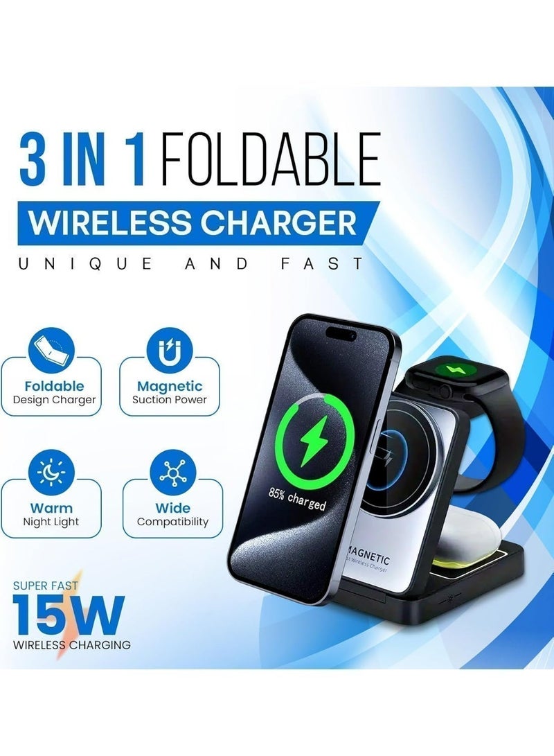 بيكنجينوس محطة شحن لاسلكية مغناطيسية قابلة للطي 3 في 1 مع إضاءة ليلية قابلة للتعديل - متوافقة مع ماج سيف لأجهزة آيفون وساعة أبل وسماعات آيربودز للاستخدام أثناء السفر وعلى طاولة السرير - Image 2