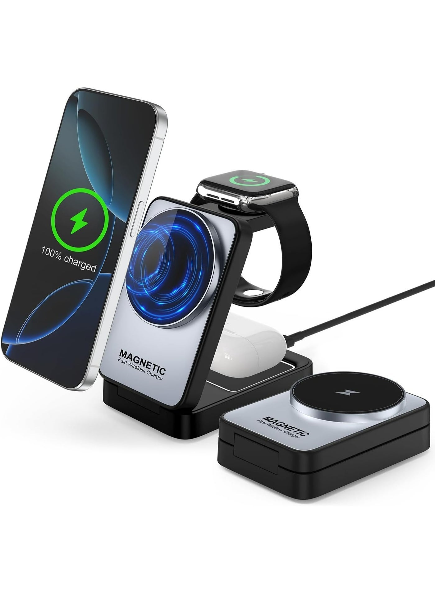 Pikengenus Foldable 3‑in‑1 Magnetic Wireless Charging Station with Adjustable Night Light – MagSafe Compatible iPhone, Apple Watch & AirPods Combo for Travel & Nightstand Use