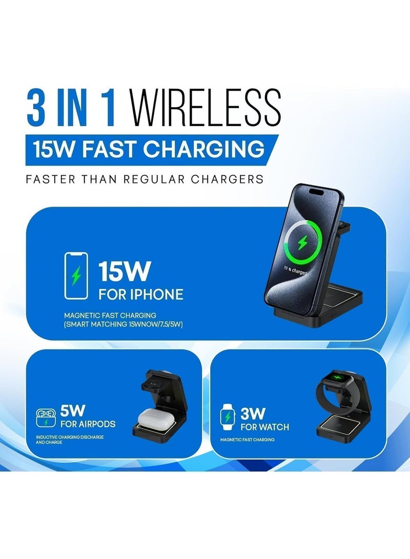 بيكنجينوس محطة شحن لاسلكية مغناطيسية قابلة للطي 3 في 1 مع إضاءة ليلية قابلة للتعديل - متوافقة مع ماج سيف لأجهزة آيفون وساعة أبل وسماعات آيربودز للاستخدام أثناء السفر وعلى طاولة السرير - Image 4