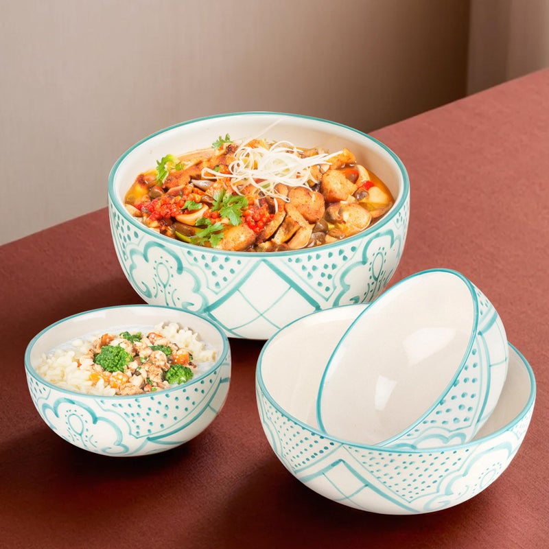 USHA SHRIRAM USHA SHRIRAM Ceramic Bowl For Snack & Dinner(4Pcs) | Ramen Soup Bowl Microwave Safe (1400ml, 300ml, 260ml, 120ml) | Snack Serving Bowl | Dinning Bowl Katoris For Dinner | Serving Bowl Set | Pasta Bowl - Image 1