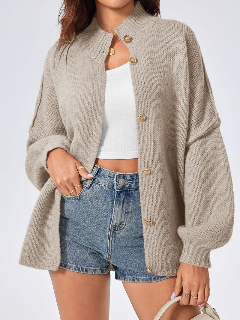 Saodimallsu Womens Oversized Cardigans Long Lantern Sleeve Button Down Chunky Knit Loose Fall Sweater Coats Khaki - Image 2