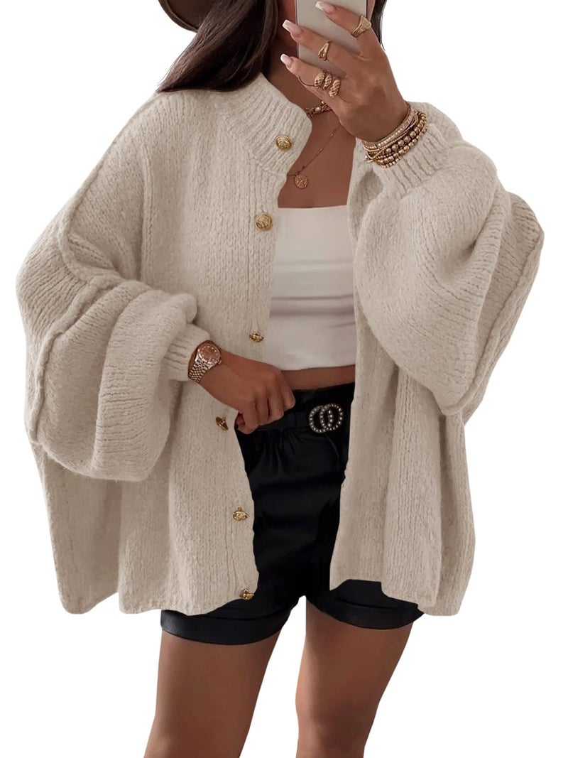 Saodimallsu Womens Oversized Cardigans Long Lantern Sleeve Button Down Chunky Knit Loose Fall Sweater Coats Khaki - Image 1