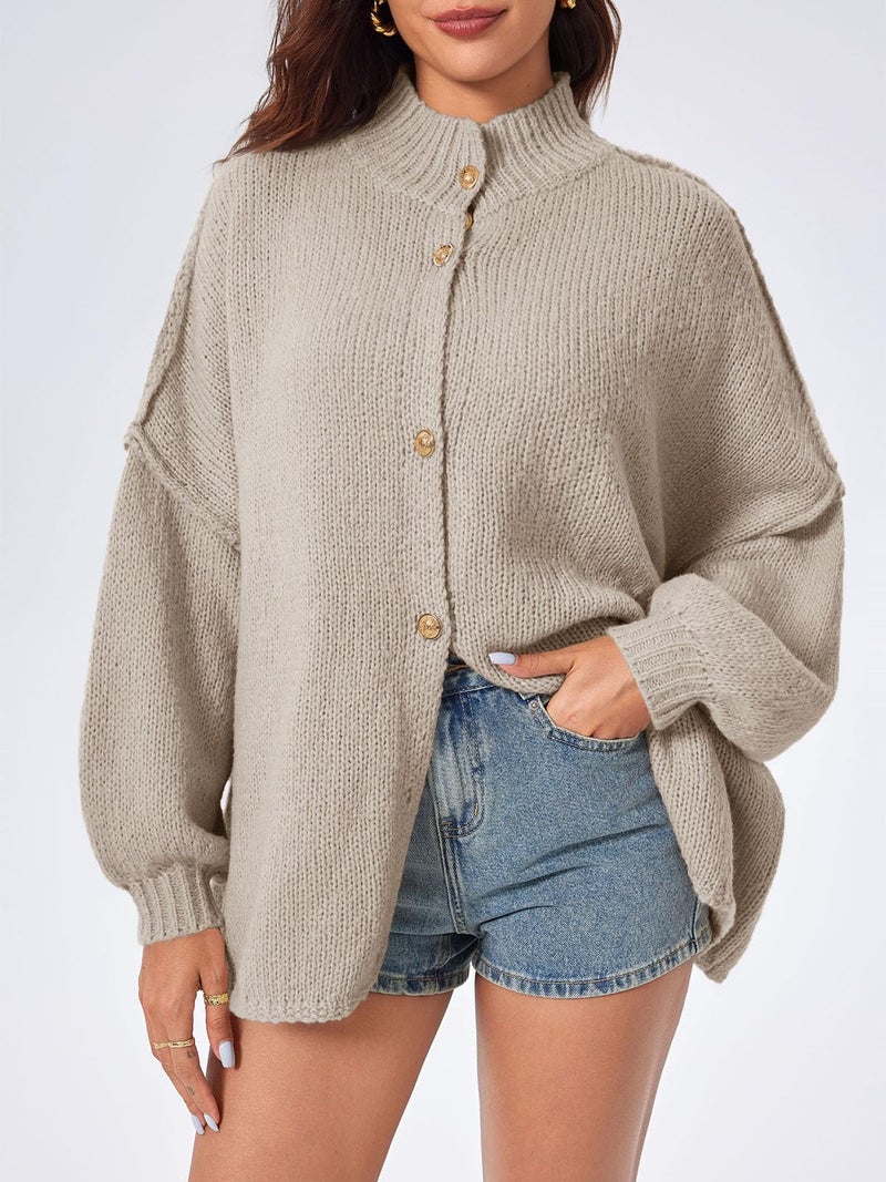 Saodimallsu Womens Oversized Cardigans Long Lantern Sleeve Button Down Chunky Knit Loose Fall Sweater Coats Khaki - Image 3