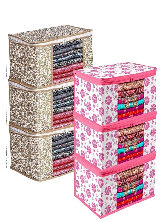 EasyGoods® Saree Covers with Zip for Storage, Pink Flower and Chiku Design, Storage Organizer For Saree, Wardrobe Organiser, (45L x 35W x 22H CM) (Pack of 6)