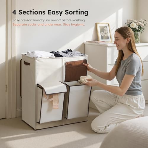 SOLEDI Double Laundry Hamper with Lid, 47.8 Gal (180L) Large Laundr Basket 2 Section with 2 Side Pockets, Dirty Clothes Hamper with Removable Bag, Easy to Carry for Laundry Room, Bedroom, Grey - Image 3
