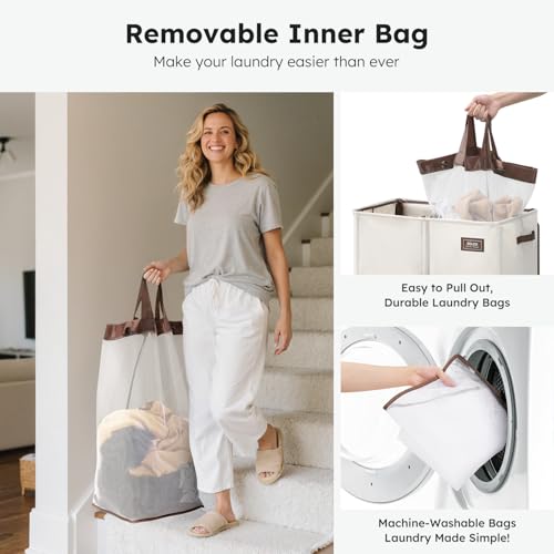 SOLEDI Double Laundry Hamper with Lid, 47.8 Gal (180L) Large Laundr Basket 2 Section with 2 Side Pockets, Dirty Clothes Hamper with Removable Bag, Easy to Carry for Laundry Room, Bedroom, Grey - Image 5