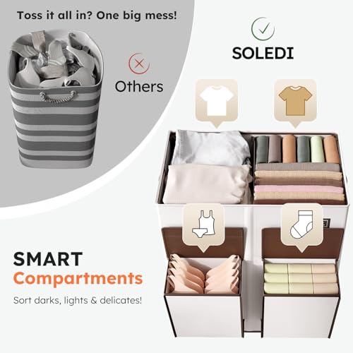 SOLEDI Double Laundry Hamper with Lid, 47.8 Gal (180L) Large Laundr Basket 2 Section with 2 Side Pockets, Dirty Clothes Hamper with Removable Bag, Easy to Carry for Laundry Room, Bedroom, Grey - Image 4