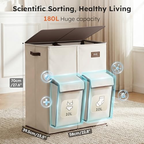 SOLEDI Double Laundry Hamper with Lid, 47.8 Gal (180L) Large Laundr Basket 2 Section with 2 Side Pockets, Dirty Clothes Hamper with Removable Bag, Easy to Carry for Laundry Room, Bedroom, Grey - Image 2