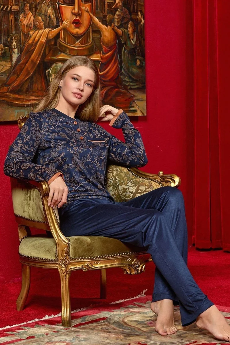 Cossy By Aqua 25081 Women's Half-Buttoned Collar Long Sleeve Pajama Set-Patterned