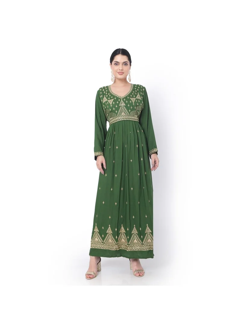 هانا آند سارا LONG EMBROIDERED VISCOSE SOLID GREEN COLOUR ARABIC JALABIYA DRESS