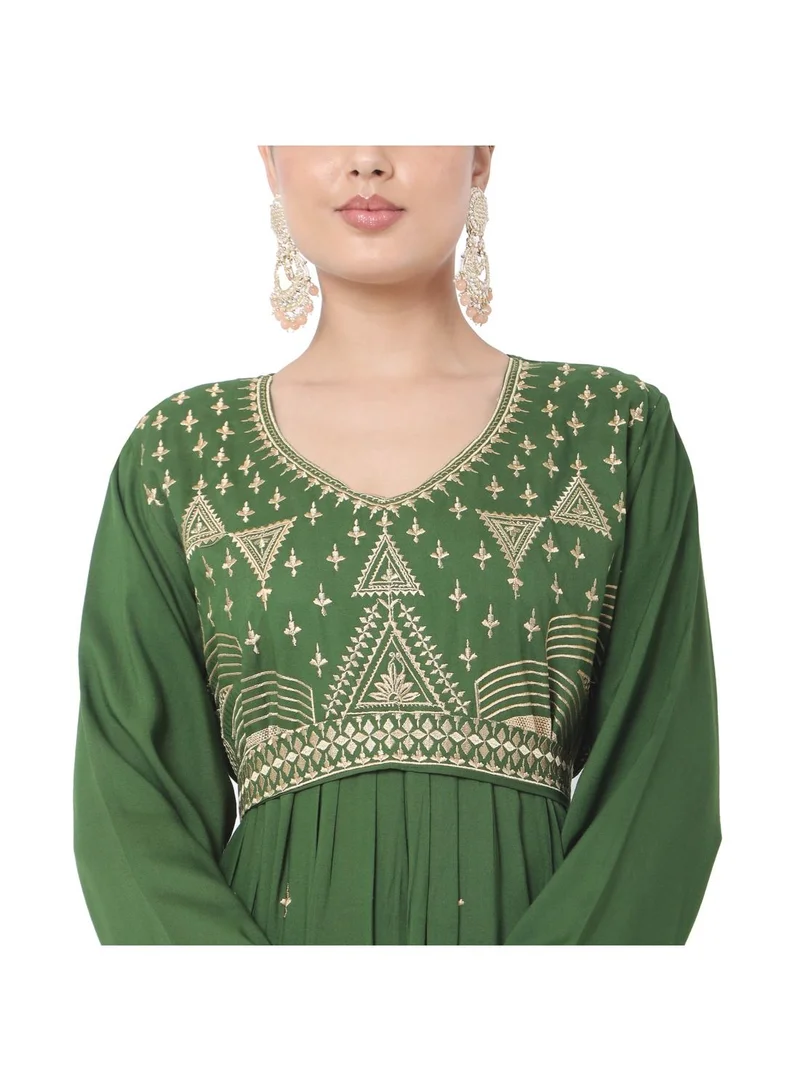 HANA & SARA LONG EMBROIDERED VISCOSE SOLID GREEN COLOUR ARABIC JALABIYA DRESS