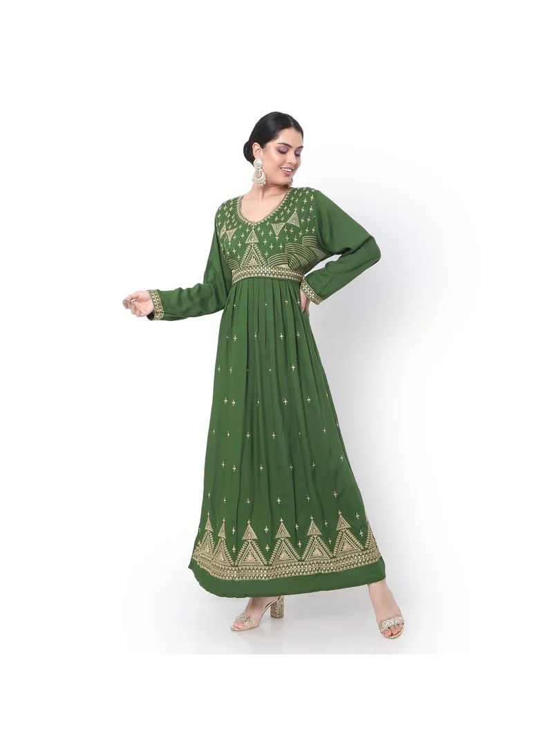 HANA & SARA LONG EMBROIDERED VISCOSE SOLID GREEN COLOUR ARABIC JALABIYA DRESS