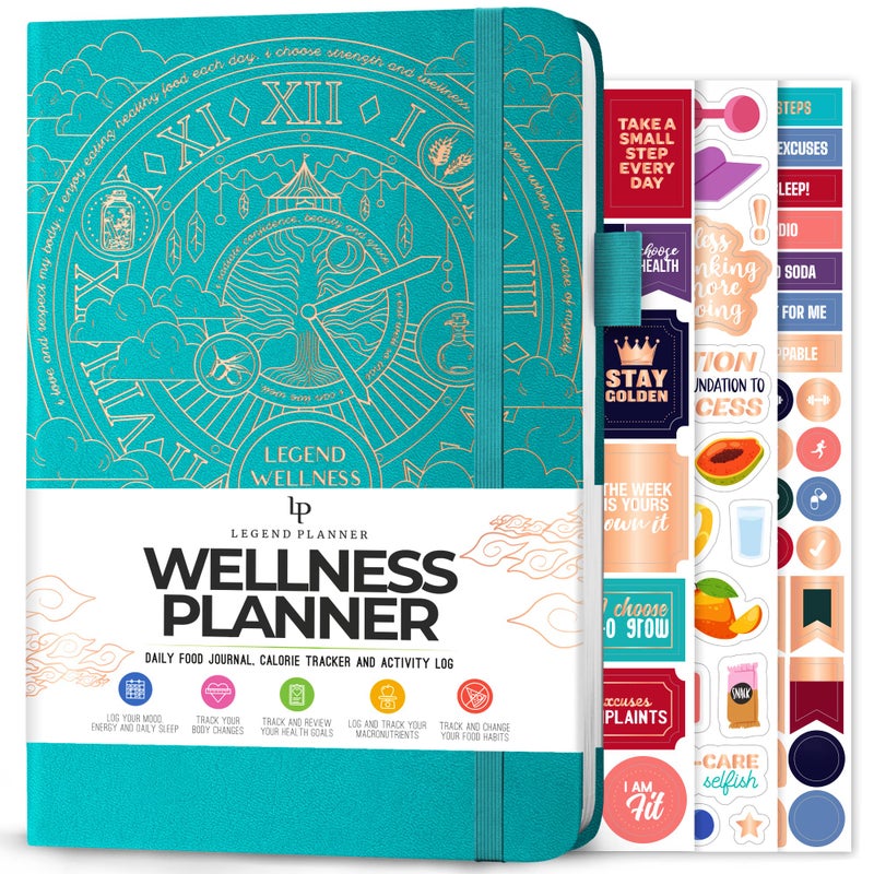 Legend Wellness Planner Food Journal Daily Diet Health Journal with Weight Loss Measurement Exercise Trackers Lifestyle Nutrition Diary Lasts 6 Months A5 size Turquoise