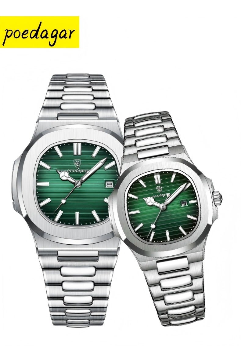 پوداجار الفولاذ المقاوم للصدأ حزام زوجين الكوارتز ووتش مجموعة، الفاخرة مضيئة للماء التقويم ووتش هدية للرجال النساء - Image 1