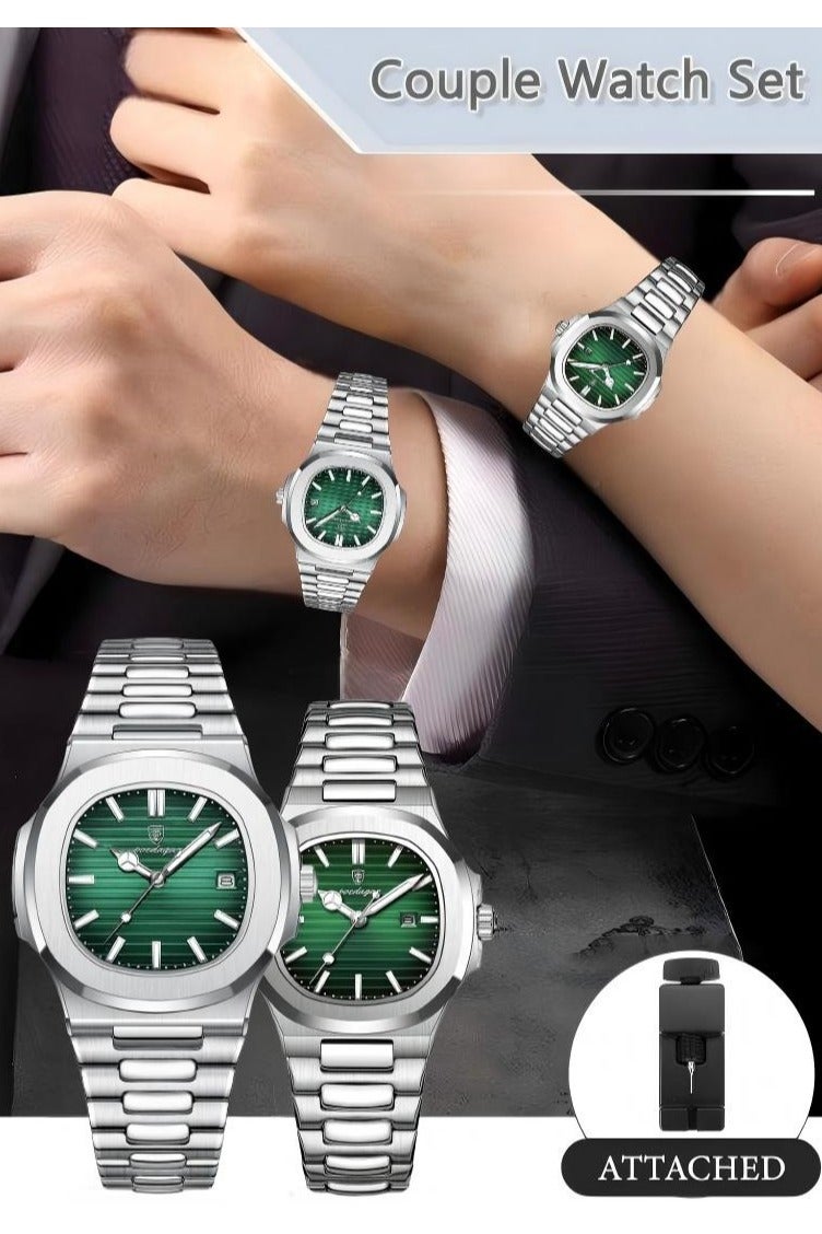 پوداجار الفولاذ المقاوم للصدأ حزام زوجين الكوارتز ووتش مجموعة، الفاخرة مضيئة للماء التقويم ووتش هدية للرجال النساء - Image 2