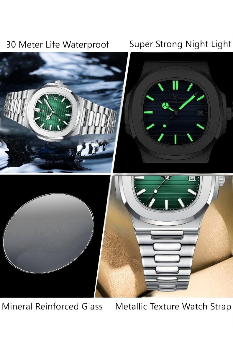 پوداجار الفولاذ المقاوم للصدأ حزام زوجين الكوارتز ووتش مجموعة، الفاخرة مضيئة للماء التقويم ووتش هدية للرجال النساء - Image 5