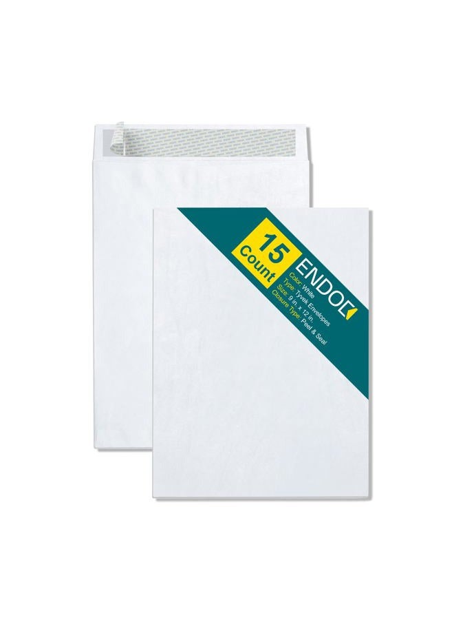 EnDoc 9x12 Tyvek Envelopes – Strong Lightweight Professional Shipping Mailer Tear Resistant DuPont Tyvek Construction & Easy Security Self Seal Closure –Bright White DuPont – Bulk Pack of 15 – 9 x 12 inch - Image 1