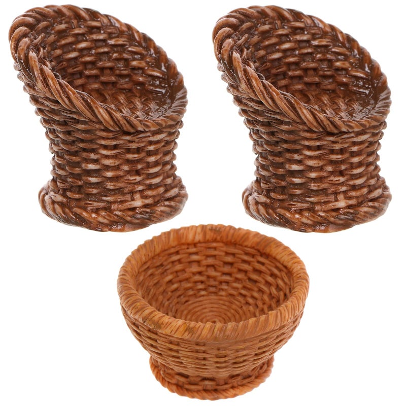 Miniature Wicker Basket And Chair Set 3Pcs Dollhouse Furniture Accessories - Image 2