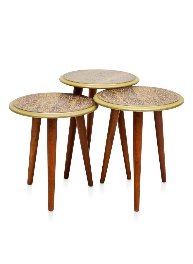 مالتي هوم فيرنيتشر طقم طاولات متداخلة من 3 قطع من Multi Home Furniture باللون البني - طاولة قهوة دائرية عصرية لأثاث غرفة المعيشة وغرفة النوم والمكتب - أثاث موفر للمساحة بلمسة نهائية متينة، مناسبة للاستخدام في الهواء الطلق، ويمكن استخدامها كطاولة شاي. - Image 1