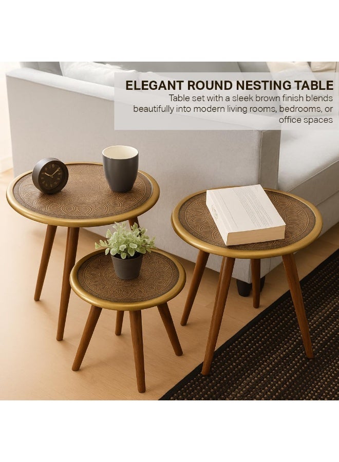 مالتي هوم فيرنيتشر طقم طاولات متداخلة من 3 قطع من Multi Home Furniture باللون البني - طاولة قهوة دائرية عصرية لأثاث غرفة المعيشة وغرفة النوم والمكتب - أثاث موفر للمساحة بلمسة نهائية متينة، مناسبة للاستخدام في الهواء الطلق، ويمكن استخدامها كطاولة شاي. - Image 2