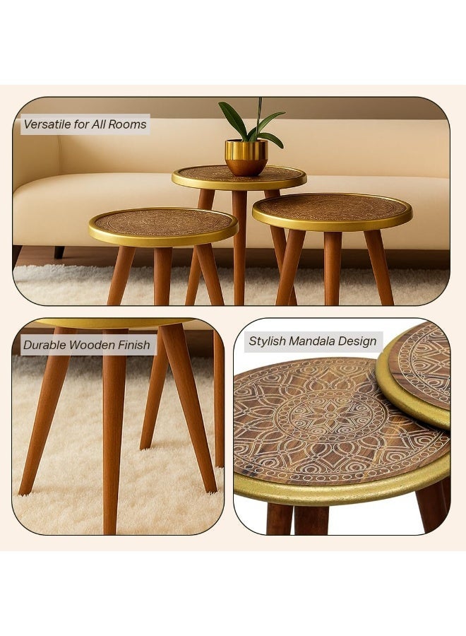 مالتي هوم فيرنيتشر طقم طاولات متداخلة من 3 قطع من Multi Home Furniture باللون البني - طاولة قهوة دائرية عصرية لأثاث غرفة المعيشة وغرفة النوم والمكتب - أثاث موفر للمساحة بلمسة نهائية متينة، مناسبة للاستخدام في الهواء الطلق، ويمكن استخدامها كطاولة شاي. - Image 3