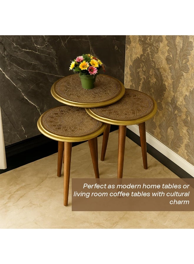 مالتي هوم فيرنيتشر طقم طاولات متداخلة من 3 قطع من Multi Home Furniture باللون البني - طاولة قهوة دائرية عصرية لأثاث غرفة المعيشة وغرفة النوم والمكتب - أثاث موفر للمساحة بلمسة نهائية متينة، مناسبة للاستخدام في الهواء الطلق، ويمكن استخدامها كطاولة شاي. - Image 5