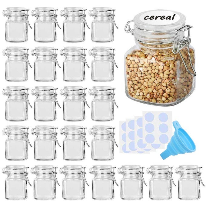 SPICE JARS 24 PACK 4OZ SMALL GLASS JARS WITH AIRTIGHT HINGED LID WITH 24 SPICE LABELS SILICONE FUNNELS AIRTIGHT GLASS JARS FOR SPICES CONDIMENTS HERB SEASONING ART CRAFT STORAGE