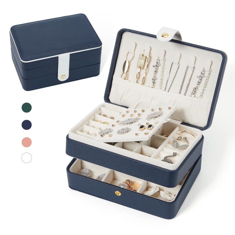 BUTI4WLD PU Leather Travel Jewelry Organizer Case for Women  Girls 2Layer Portable Jewelry Box for Earrings Rings Necklaces Bracelets Compact Jewelry Storage Blue Small