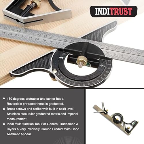 Inditrust 12" 300mm Sprit Level Combination Square with GLOVES Protractor Iron Cast Tri- Square Angle Ruler Machinist Measuring Tool Set - Multicolor - Image 4