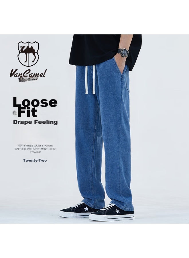 Vancamel Men's Loose Straight-leg Casual Jeans, Korean Style, Draping Wide-leg Cropped Pants, Men's Denim Trousers, Dark Blue, 2XL - Image 1