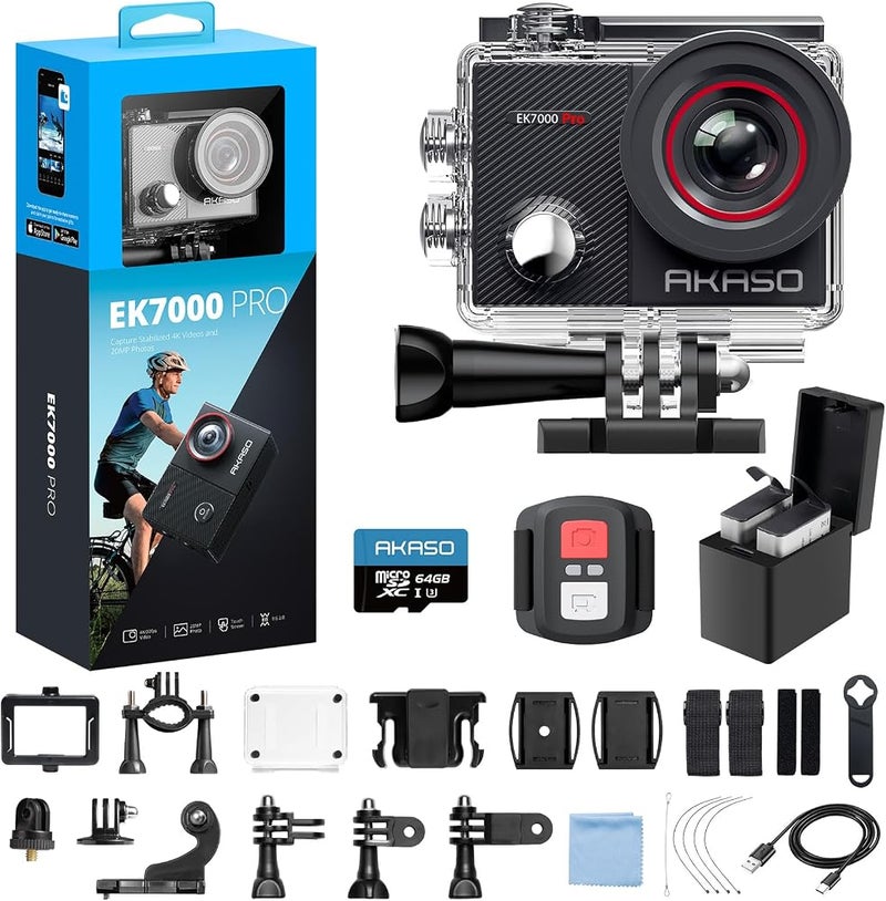 أكاسو كاميرا أكاسو EK7000 Pro بدقة 4K، تدعم اللمس، مقاومة للماء، تصل إلى عمق 131 قدم، مزودة بذاكرة من نوع microSDXC سعة 64 جيجابايت، وتدعم التحكم عن بعد، تأتي مع مجموعة إكسسوارات للاستخدام تحت الماء. - Image 1