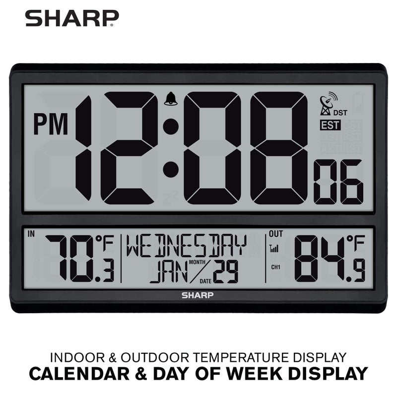 Sharp Atomic Clock - Never Needs Setting! â€“Easy to Read Numbers - Indoor/Outdoor Temperature, Wireless Outdoor Sensor - Battery Powered - Easy Set-Up (4" Numbers) - Image 2