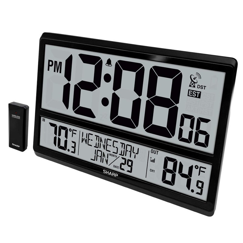 Sharp Atomic Clock - Never Needs Setting! â€“Easy to Read Numbers - Indoor/Outdoor Temperature, Wireless Outdoor Sensor - Battery Powered - Easy Set-Up (4" Numbers) - Image 1