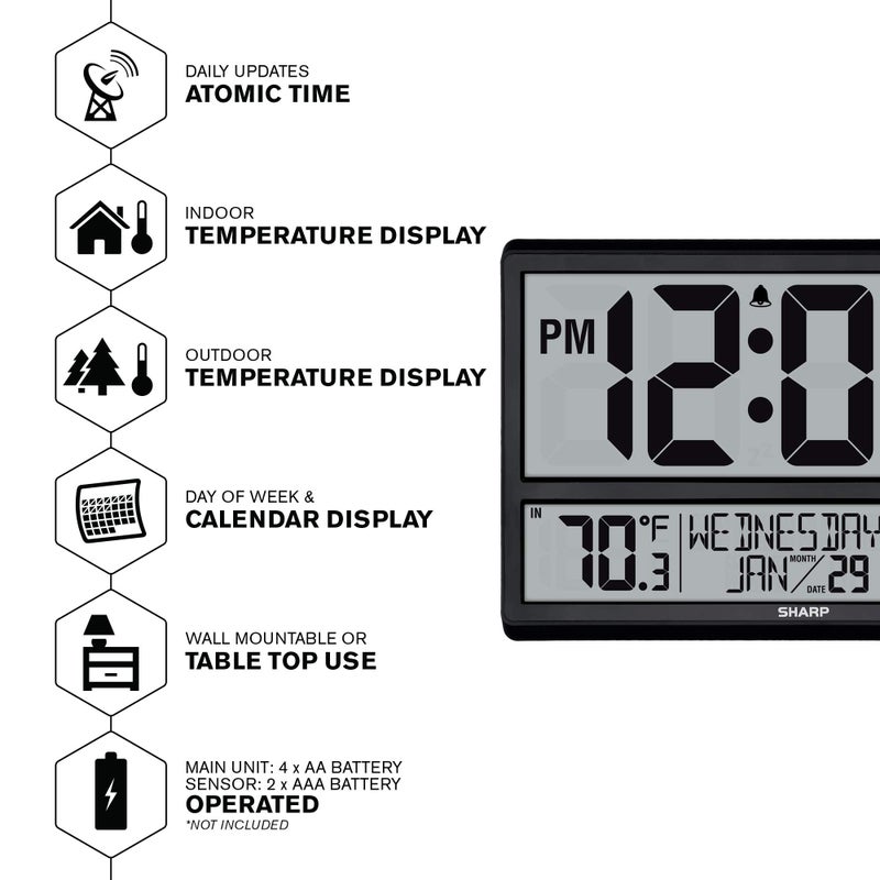Sharp Atomic Clock - Never Needs Setting! â€“Easy to Read Numbers - Indoor/Outdoor Temperature, Wireless Outdoor Sensor - Battery Powered - Easy Set-Up (4" Numbers) - Image 3