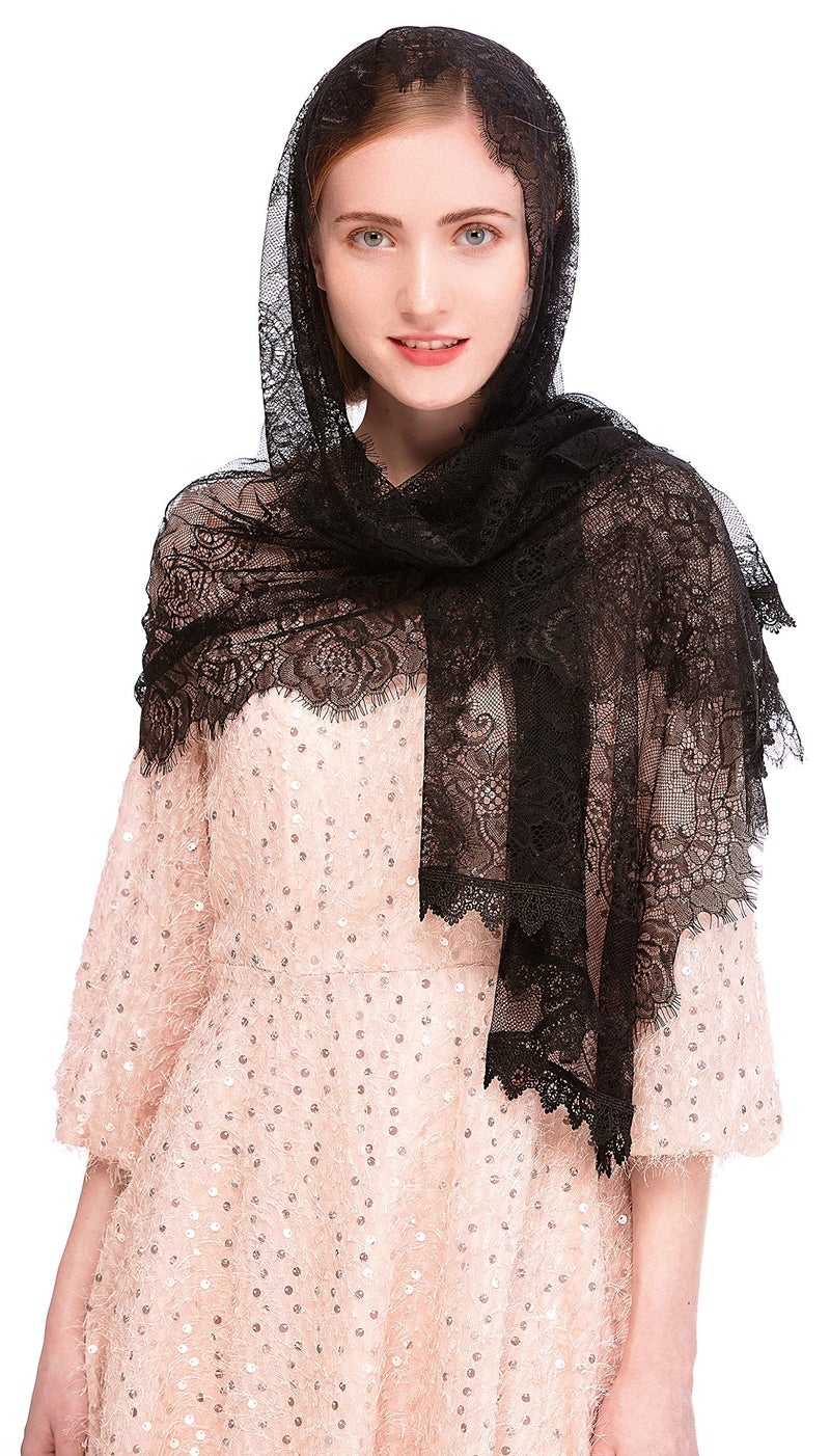 PAMOR Chapel Veil Spanish Lace Floral Mantilla Veils Wrap Shawl Mass Head Covering Rectangular Shape (Black) - Image 4