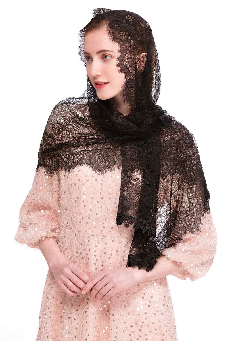 PAMOR Chapel Veil Spanish Lace Floral Mantilla Veils Wrap Shawl Mass Head Covering Rectangular Shape (Black) - Image 5